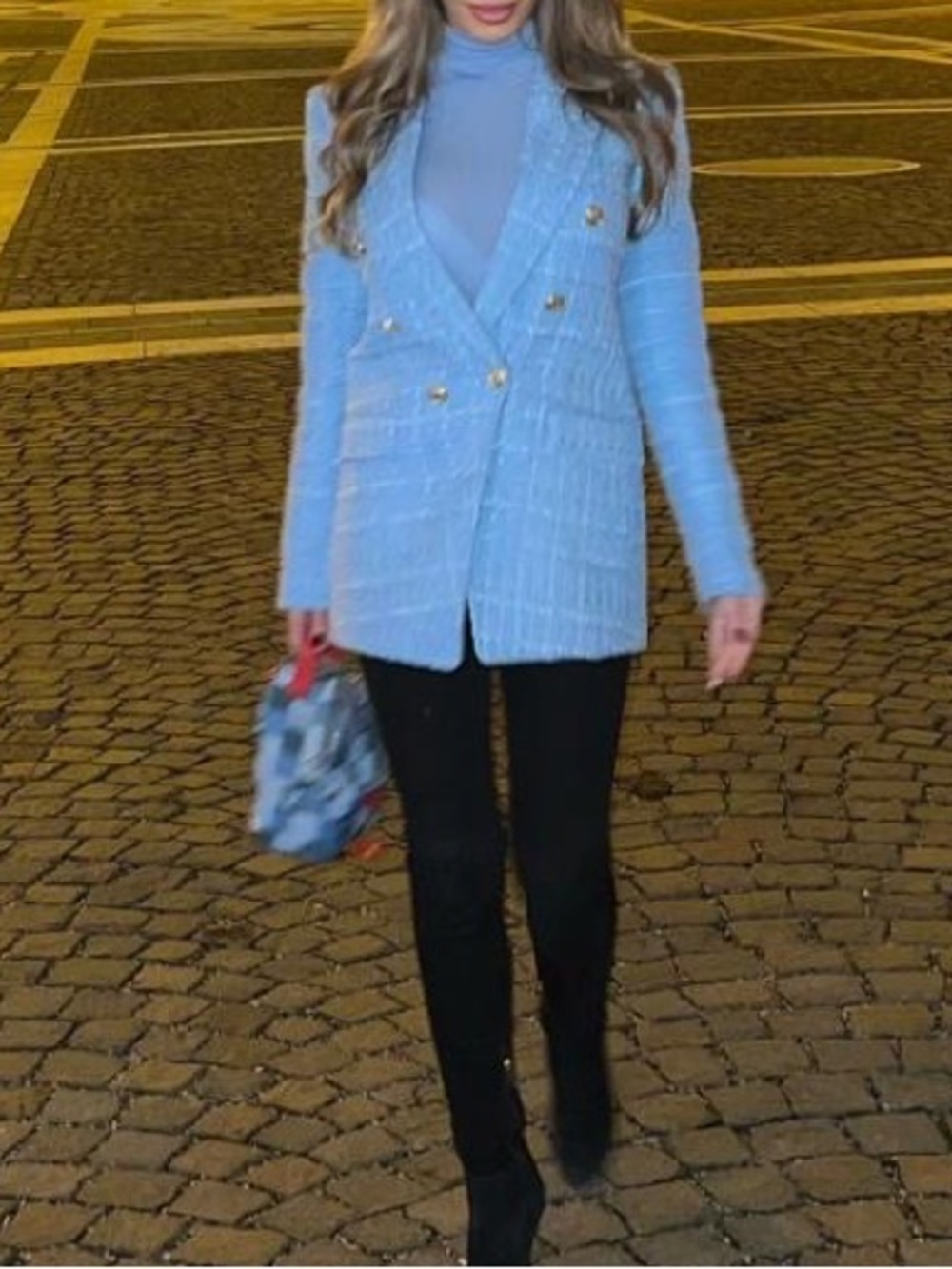 Zara Powder Blue Double-Breasted Blazer with Gold Buttons